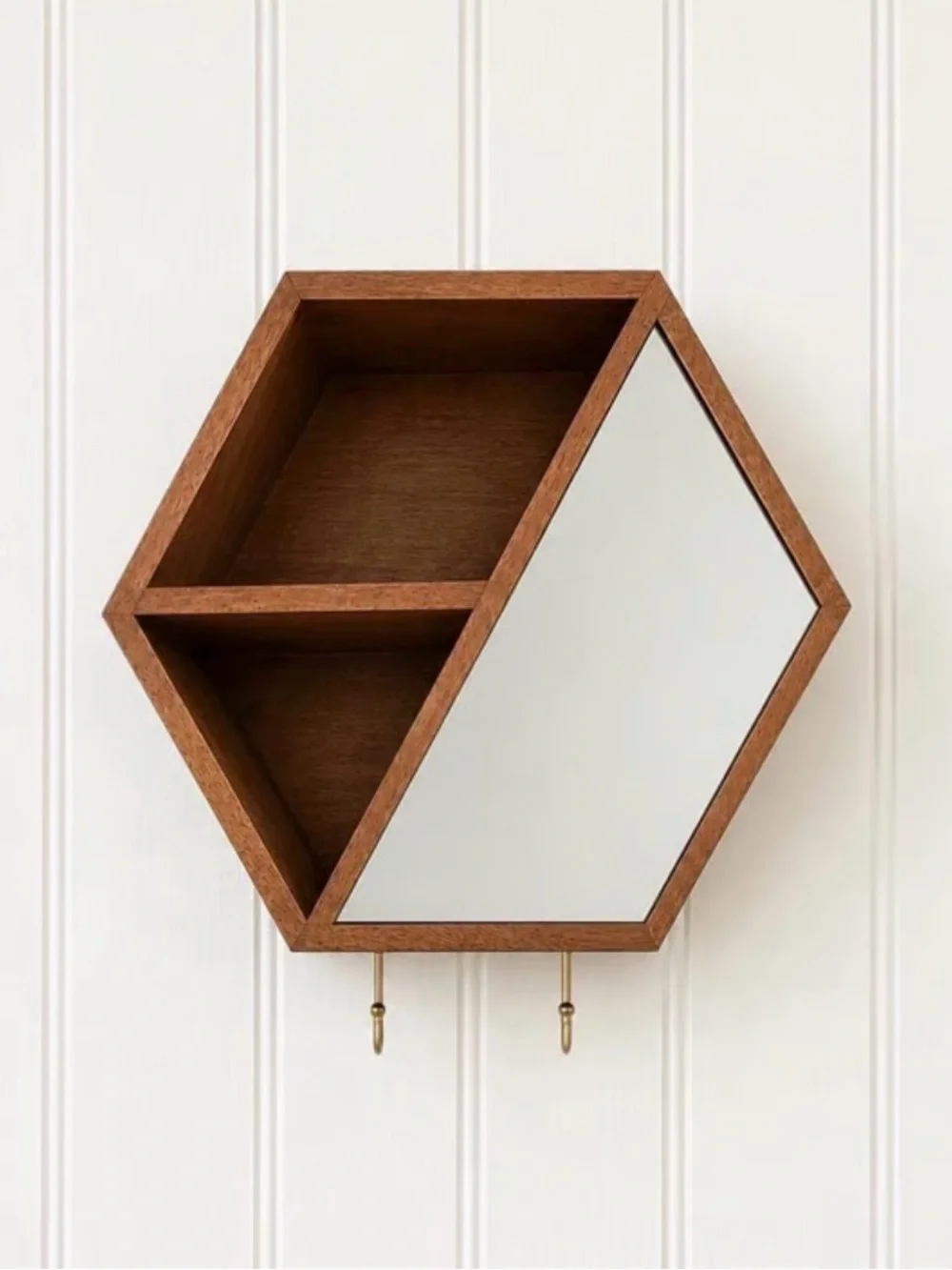 Project 62 Walnut Wood Mirrored Hexagon Wall Hanging Shelf Cubby MCM Vtg Style